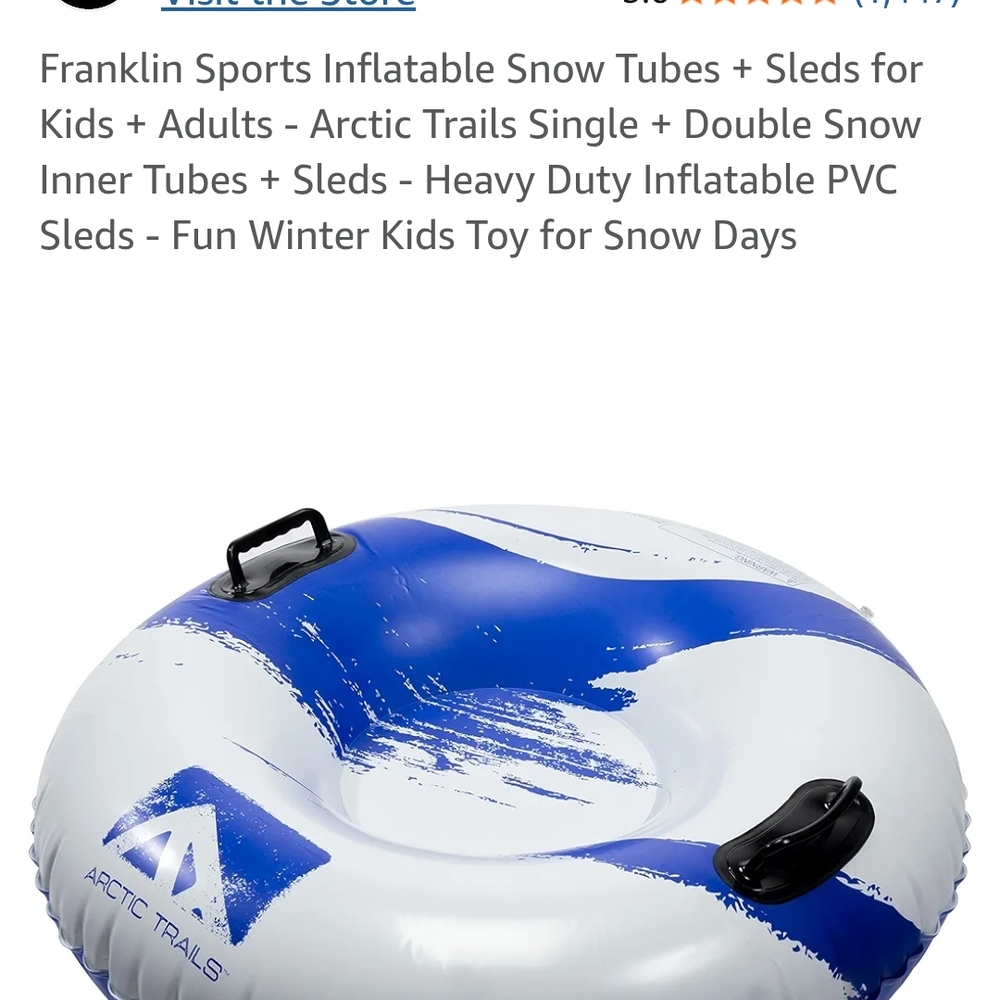 Blue and White Inflatable Snow Tube with Secure Handles